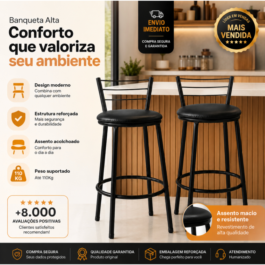 Kit 2 Banquetas Bistros Altas Aço Cozinha Lanchonetes Balcão Bar