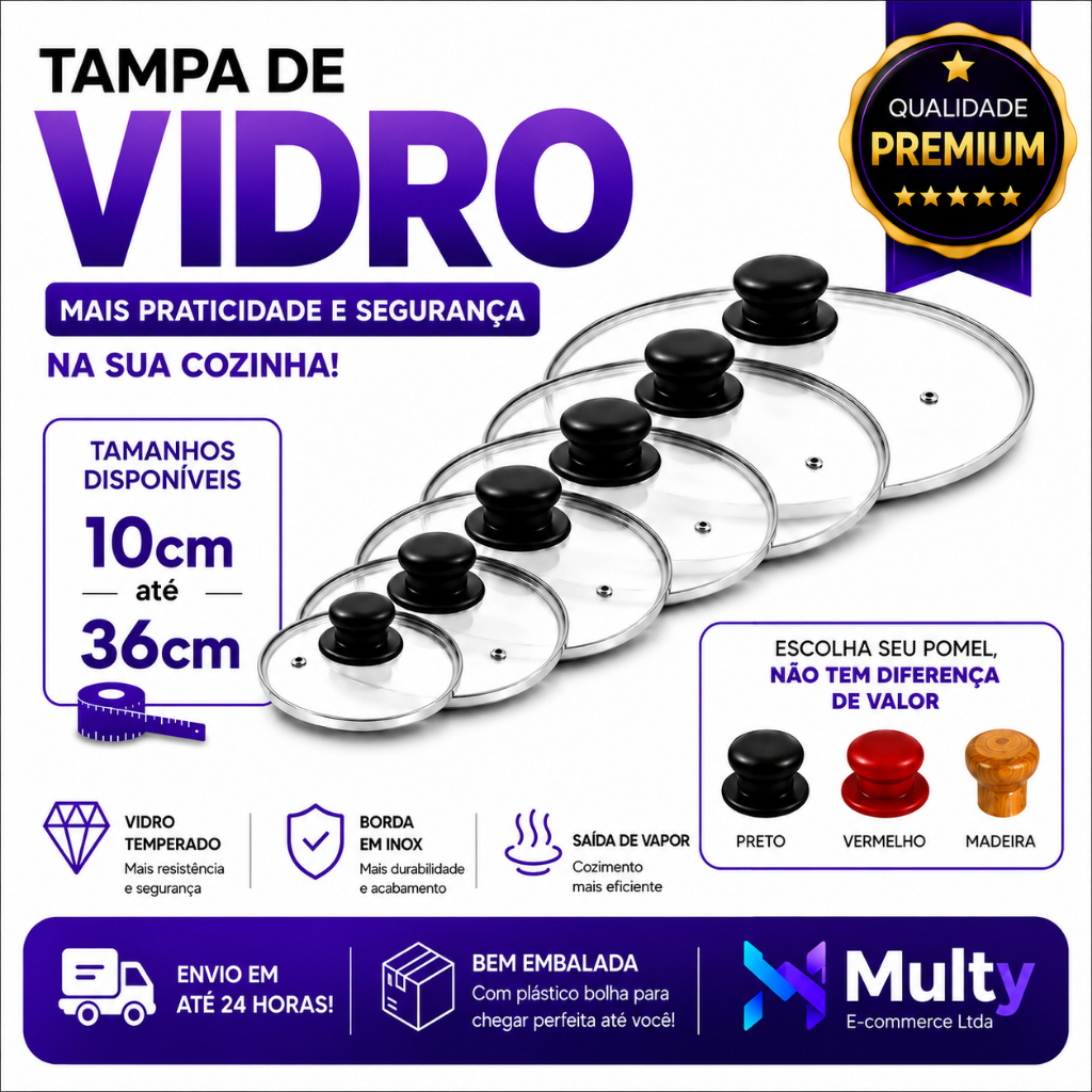 Tampa de Vidro Temperado Tampa Para Panela Avulsa Universal Borda Inox Com Saída de Vapor 10 a 36cm