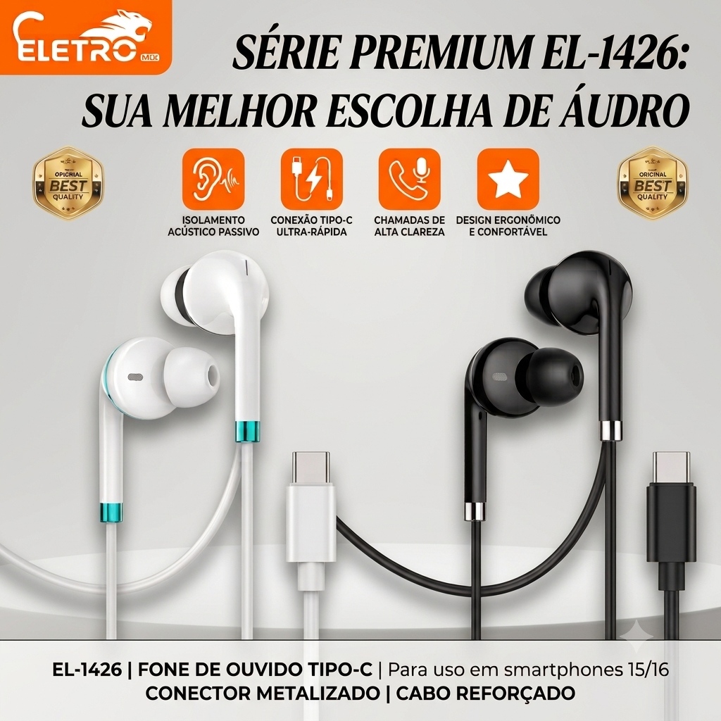 Fone de Ouvido USB Tipo C com Microfone Estéreo com Fio para Celular Smartphone Música Chamadas Vídeos EL-1426