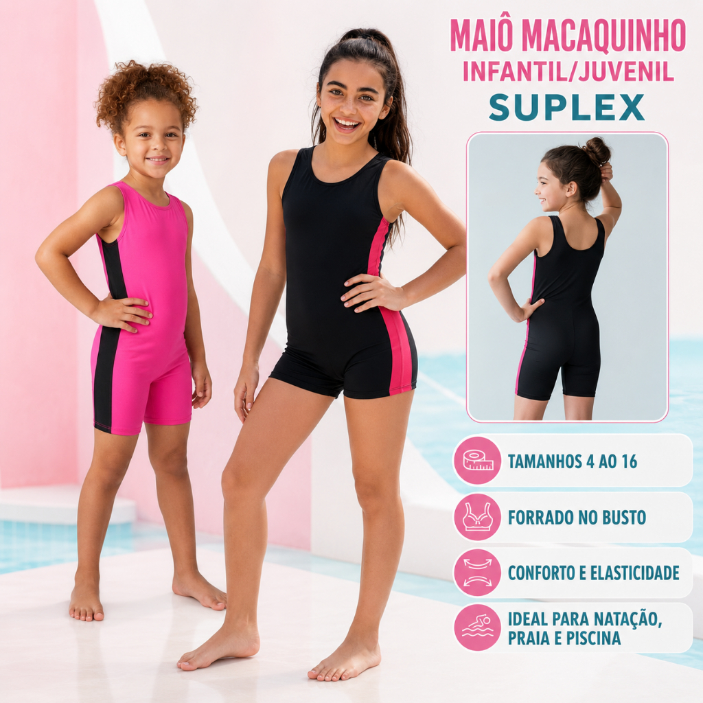 Maiô Macaquinho Infantil/Juvenil Presente Dia Das Crianças Para Natação e Hidroginástica Curto em Suplex