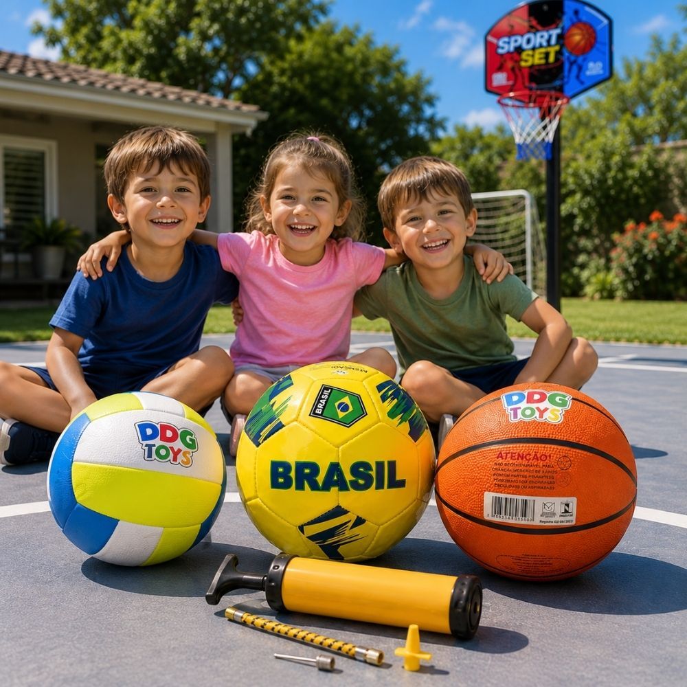 Kit 3 Bolas Futebol Nº5 Vôlei Basquete + Bomba de Ar com Agulha Esportes Lazer