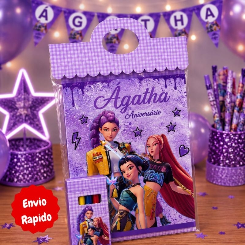 kit livrinho de colorir e giz personalizado Guerreiras do kpop lembrancinhas de festa infantil mêsversário aniversário