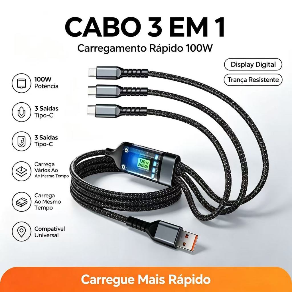 1.2mCabo de carregamento ultrarrápido 3 em 1 de 100 W – Trançado, resistente a quebras (Micro, Lightning, Tipo-C)
