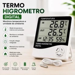Termo Higrometro Digital Maxima Minima Temperatura Umidade Relogio Alarme Interno Externo Sensor