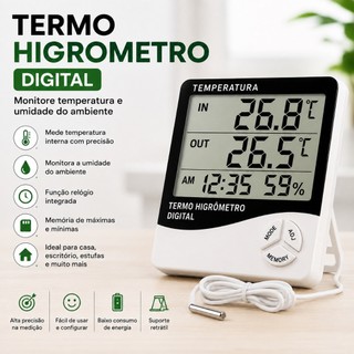 Termo Higrometro Digital Maxima Minima Temperatura Umidade Relogio Alarme Interno Externo…