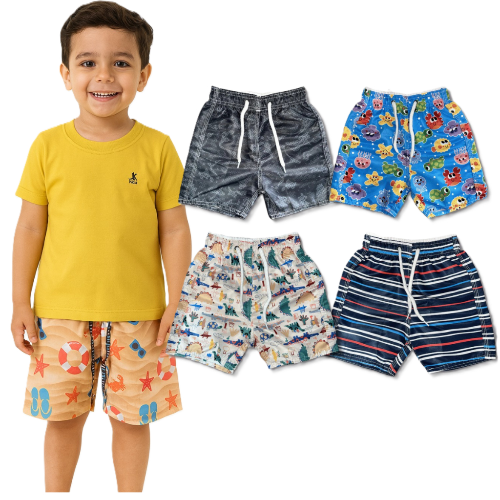 Bermuda Infantil Menino Short Estampado Tactel Praia Piscina Verão Kit 1 Peça Modelo Sortido Elástico Cordão Comfort