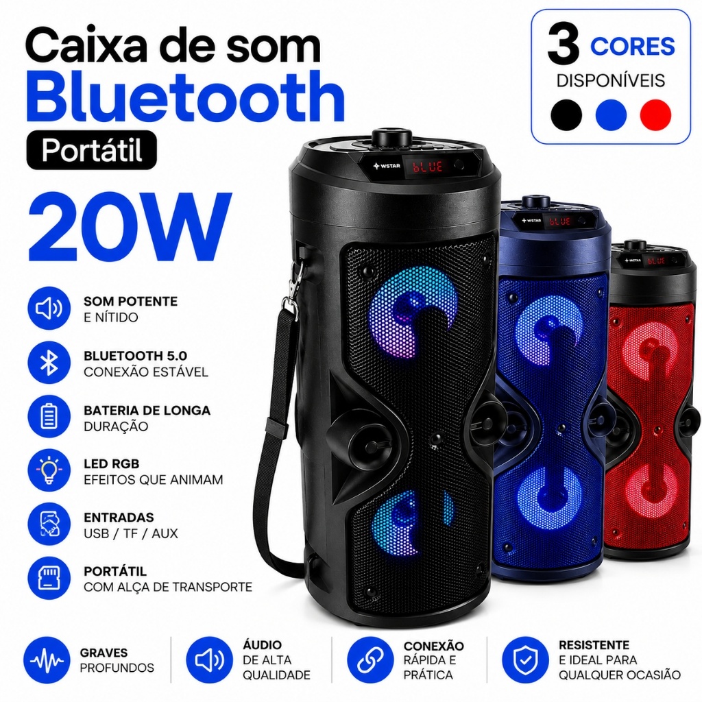 Caixa Som Bluetooth Microfone Portatil Torre Preta Radio FM USB SD Controle Remoto Potente