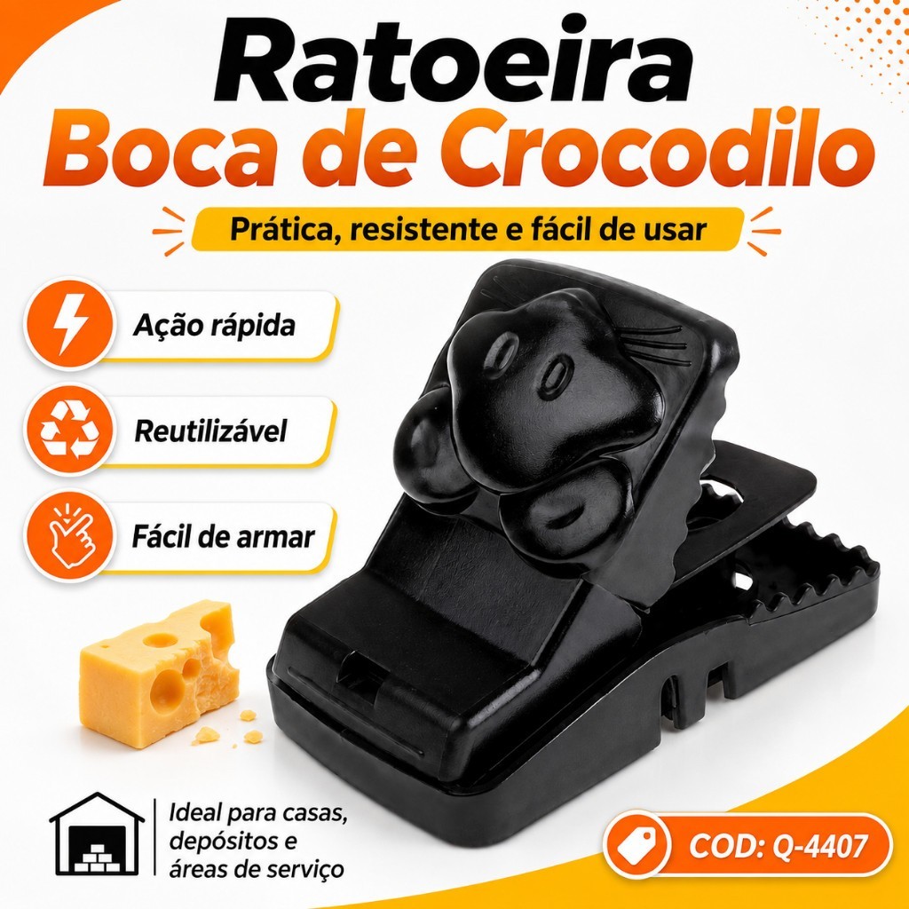Ratoeira mecânica reutilizável indicada para auxiliar no controle de roedores em ambientes domésticos e comerciais.