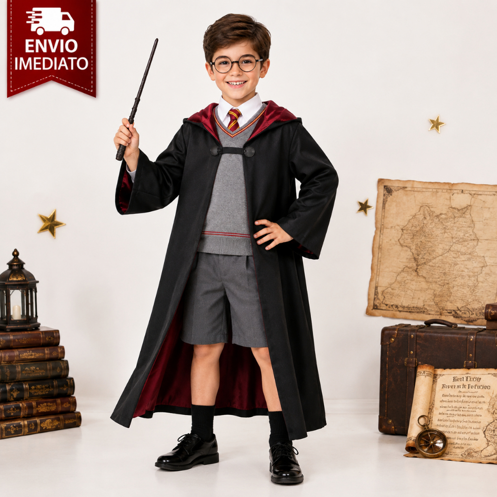 Fantasia Bruxo Infantil Completa Menino Capa Varinha Óculos Gravata Camiseta Shorts Halloween Dia Das Crianças