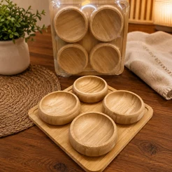 Bandeja Petisqueira em Bambu com 4 Bowls Ideal para Molhos Aperitivos e Mesa Posta Elegante