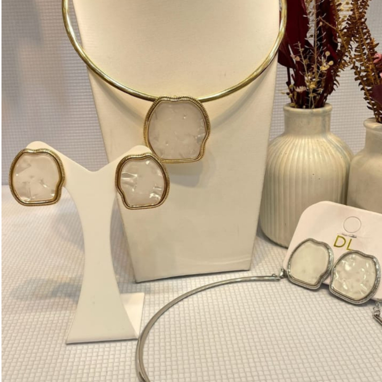 Conjunto Colar Choker + Brinco Pérola Dourado ou Prata Feminino Elegante Casamento Festa