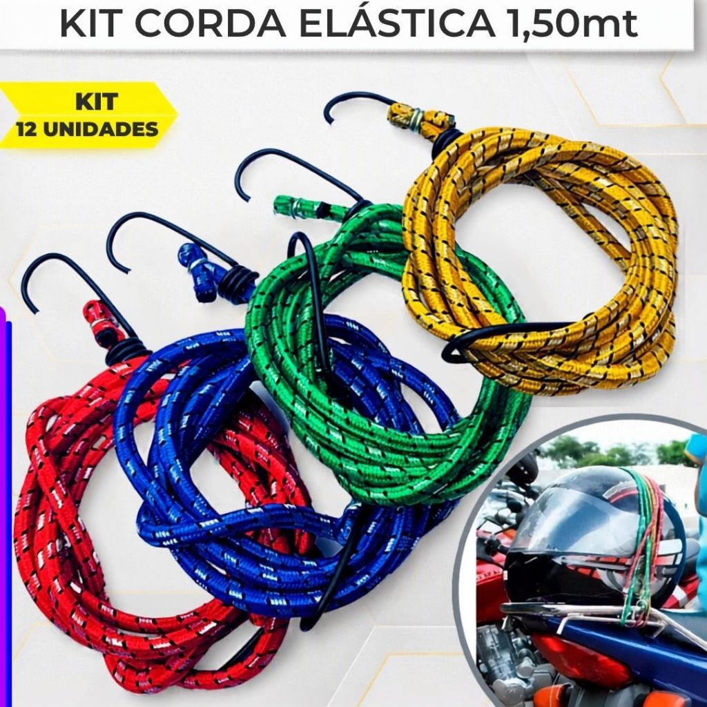 Kit Corda Elástica 1,5m com Ganchos – 6mm (12 Unidades)   Ideal para fixação de cargas, bagagens e uso em motocicletas