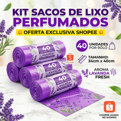 Kit Pacote Saco de Lixo Rolo Perfumado Lavanda Cozinha Pia Banheiro