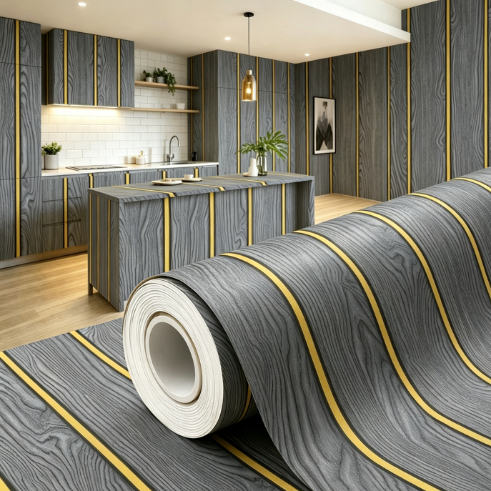 Papel De Parede 5 Metros Com Relevo 3D Decoração De Parede Moderna Com Textura Retrô Cor Madeira Cinza Com Linha Dourado