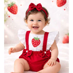 ROMPER MORANGUINHO MESVERSARIO TEMÁTICO BODY JARDINEIRA MORANGO Roupa infantil menina
