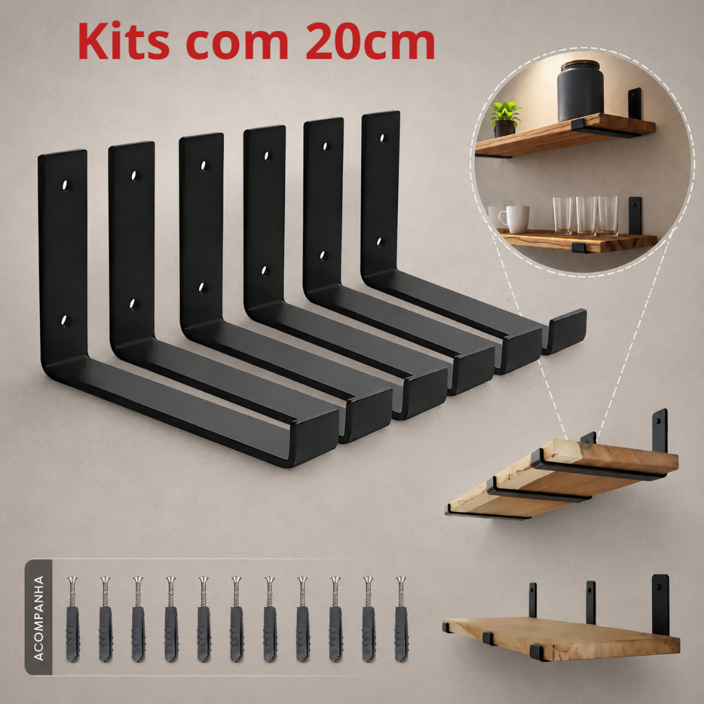 Kit Mão Francesa Invertida 20cm Ferro Preto Fosco Resistente - Suporte Prateleira - Cantoneira