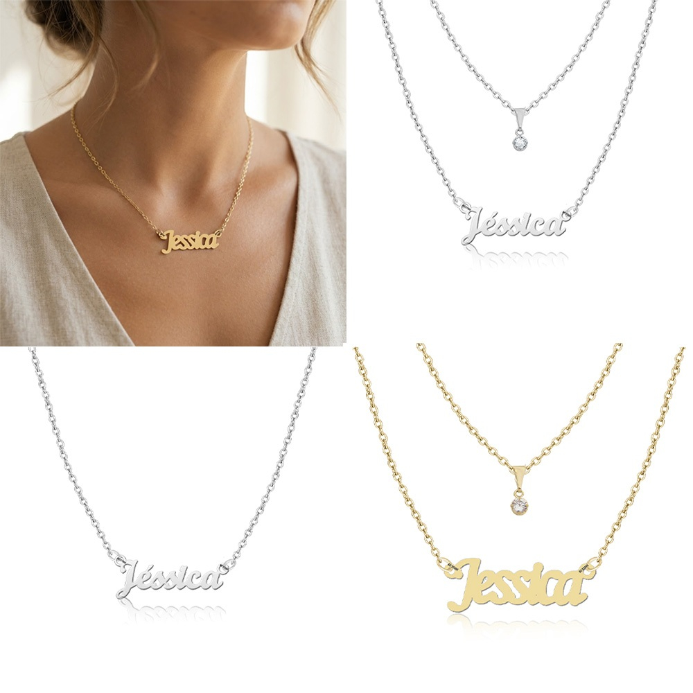 colar de nome Jéssica Jessica corrente folheado feminino Folheado a ouro dourado cor aço inox prata prateada duplo nome