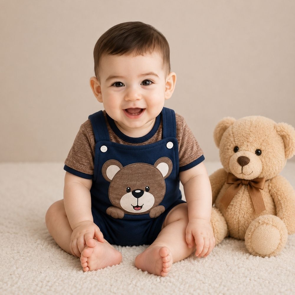 Conjunto 2 Peças Bebê Macacão Jardineira Ursinho e Camiseta Manga Curta Confortável Para RN a 3 Meses