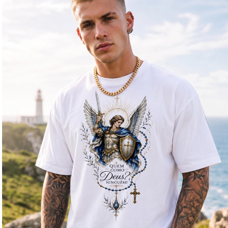 Camiseta Oversized São Miguel Arcanjo Unissex  Estampada Religiosa Algodão Premium Streetwear Confortável