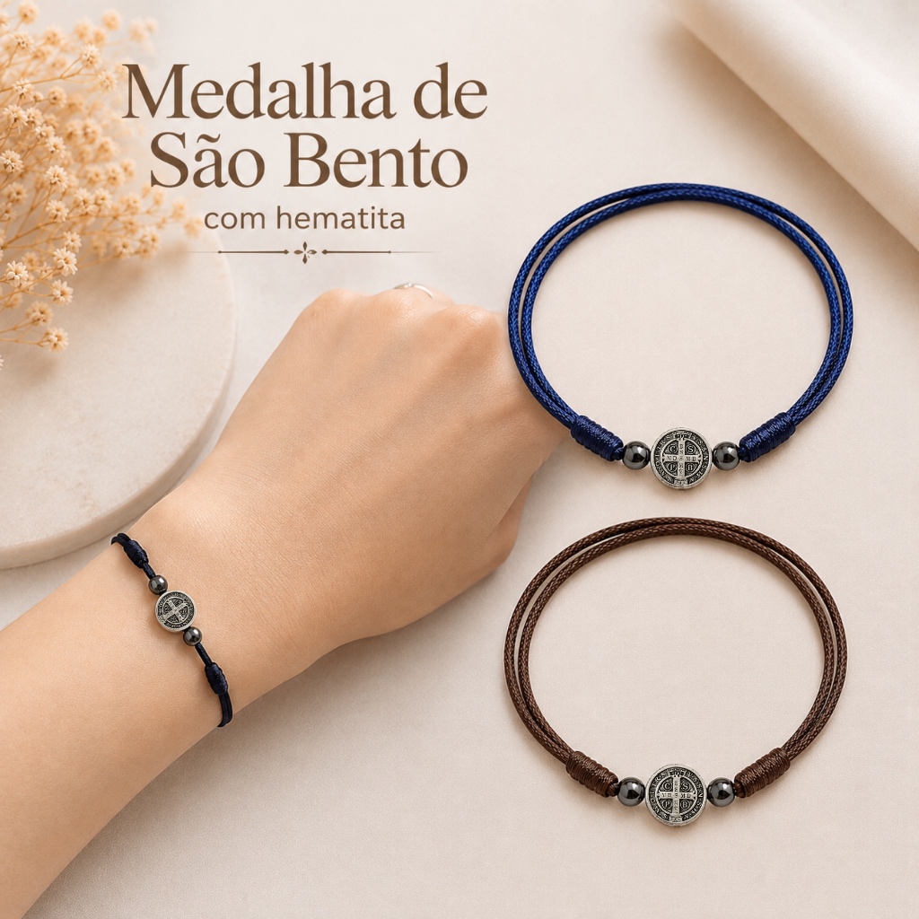 Pulseira Religiosa São Bento Aço Inox e Hematita Acessório Ajustável Masculino Feminino