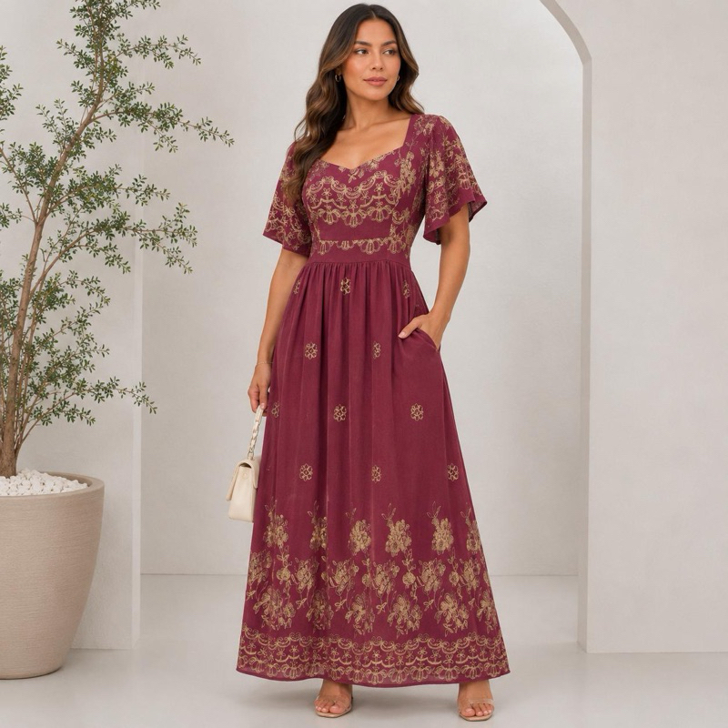 Vestido Longo Premium Duna Bordado Moda Evangélica Manga Godê Vestido Elegante Tamanho Único Qualidade