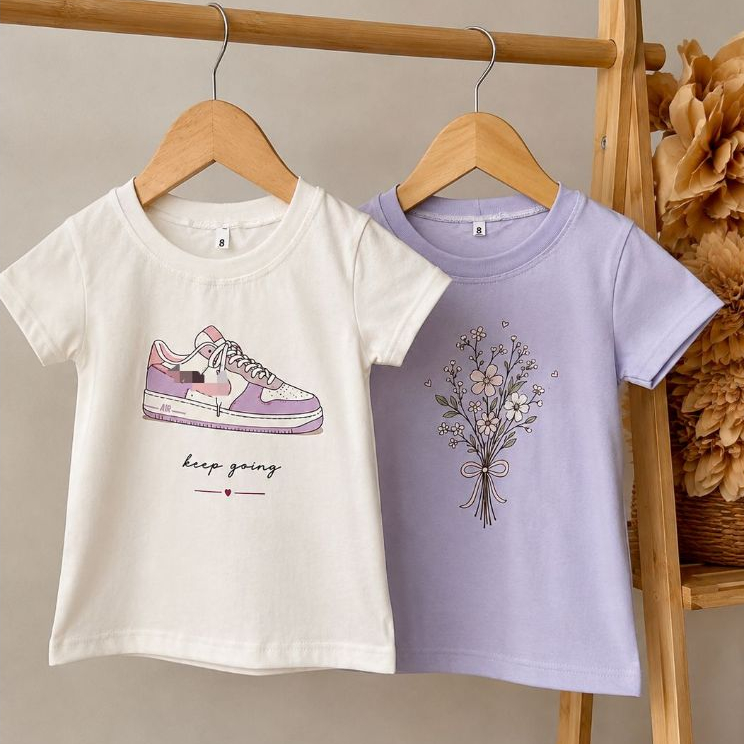 Kit 2 Camisetas Infantis Femininas Menina Algodão 100% Estampadas Moda Infantil T-Shirt Tênis Rosa/ Buque de Flor