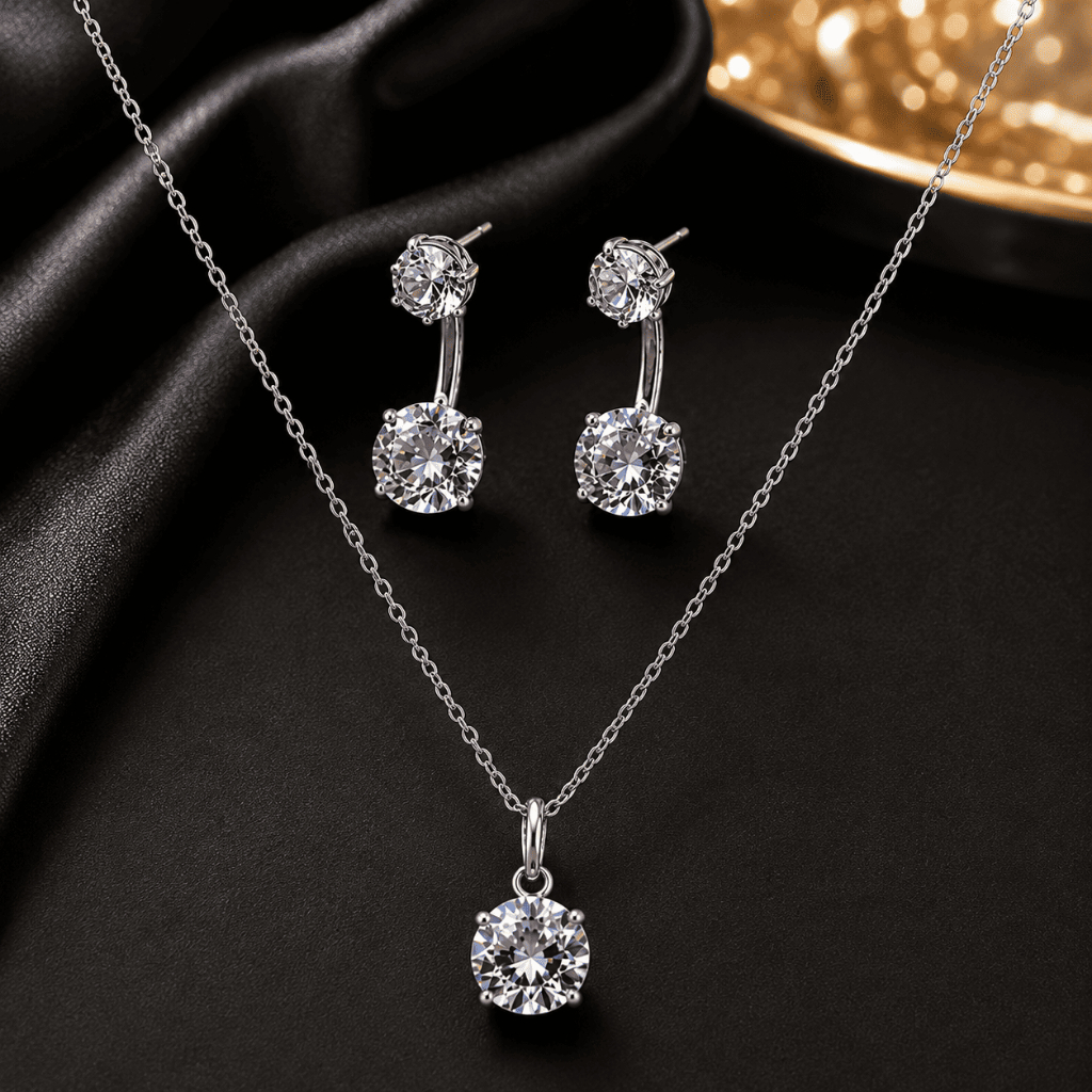 Conjunto Feminino Inspiração Virgínia Folheado a Prata 925 Colar e Brincos Ponto de Luz com Zircônia
