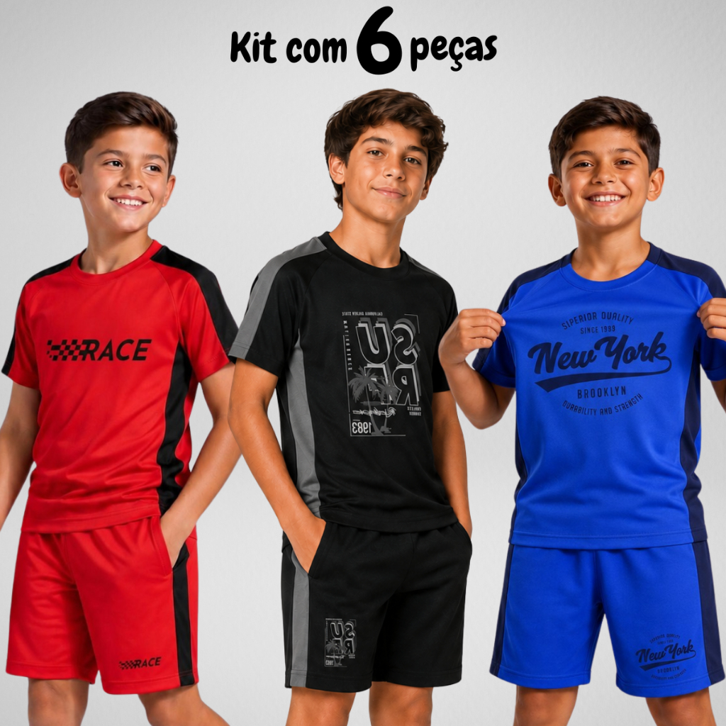 Kit 6 Peças Conjunto Infantil Menino Dry Fit Esportivo - 3 Camisas + 3 Bermudas - Verão Masculino Academia Calor Corrida