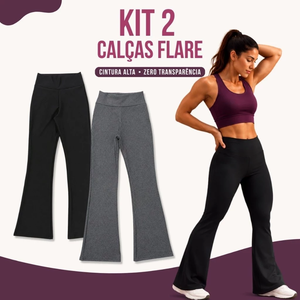 Kit 2 Calça Bailarina Flare Feminina Suplex Zero Transparência Cintura Alta Fitness Academia — imagem 1