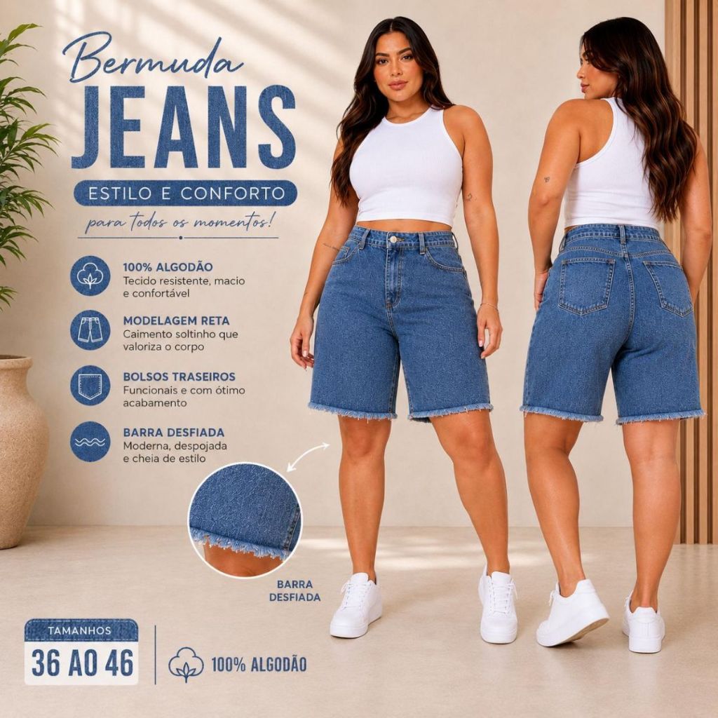 Bermuda Jeans Feminina Cintura Alta Preta Sem Elastano Barra Desfiada Casual 36 ao 46