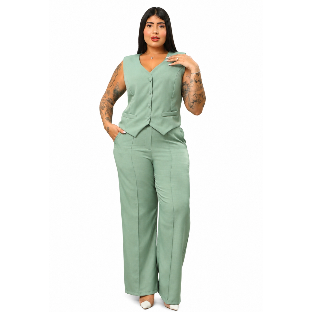 Conjunto Social Plus Alfaiataria feminina Pantalona + Colete Elegante Confortável