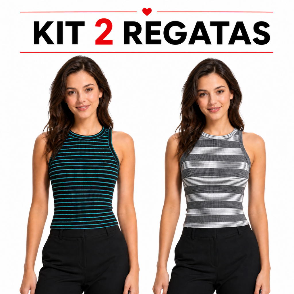 Kit 2 ou 3 Regatas Femininas Camiseta Listradas Caneladas, Blusa Sem Manga Gola Alta, Moda Casual, Verão, Cores Variadas