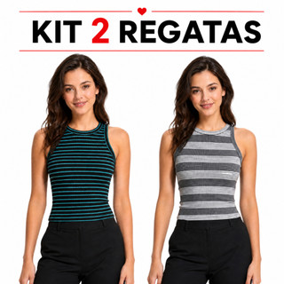 Kit 2 ou 3 Regatas Femininas Camiseta Listradas Caneladas, Blusa Sem Manga Gola Alta, Moda Casual, Verão, Cores Variadas