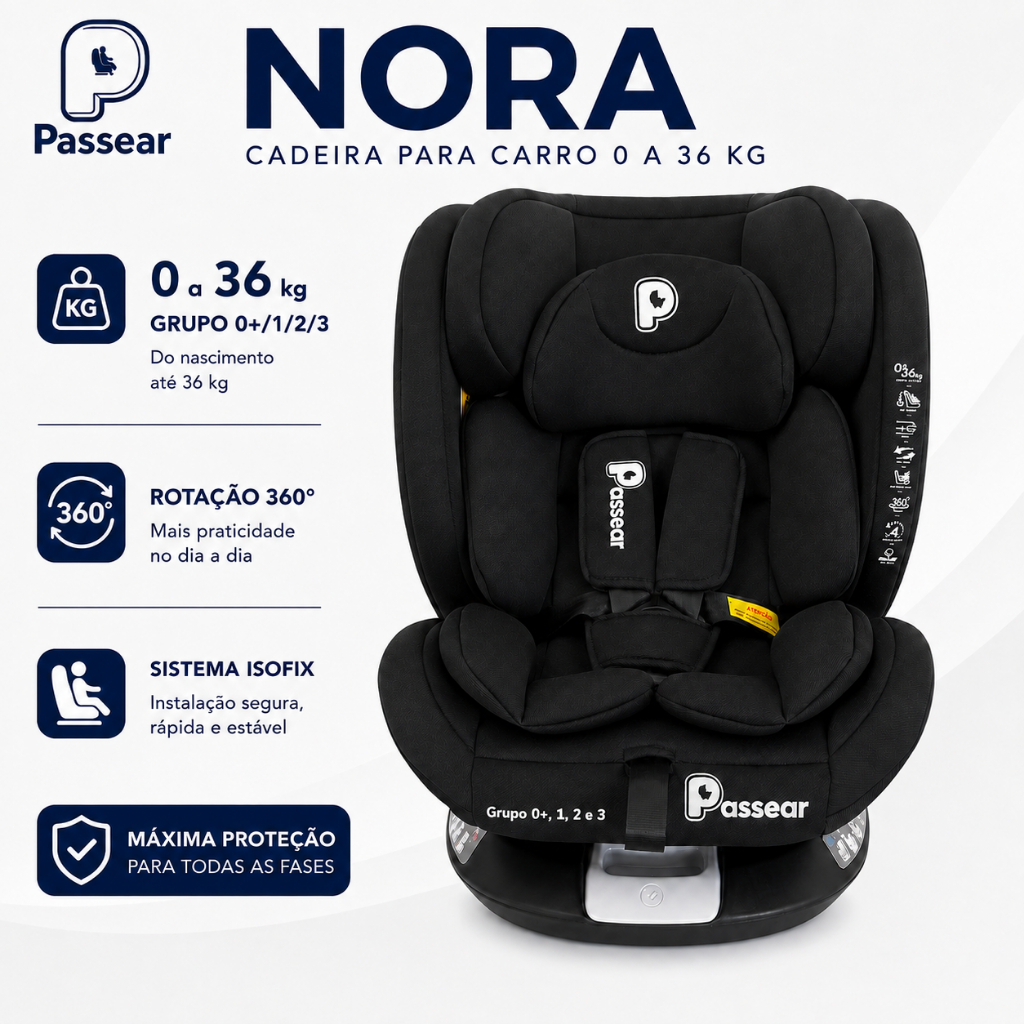 Cadeira Infantil para Auto Nora 0 a 36 kg Isofix 360° Reclinável Cinto 5 Pontos – Passear