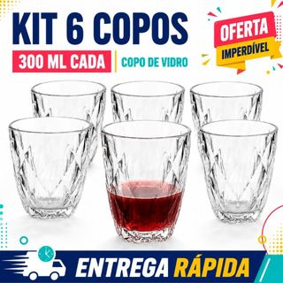 Jogo 06 Copos Eclipse Diamond 300ml de Vidro Trabalhadoo Luxo Transparente Elegante