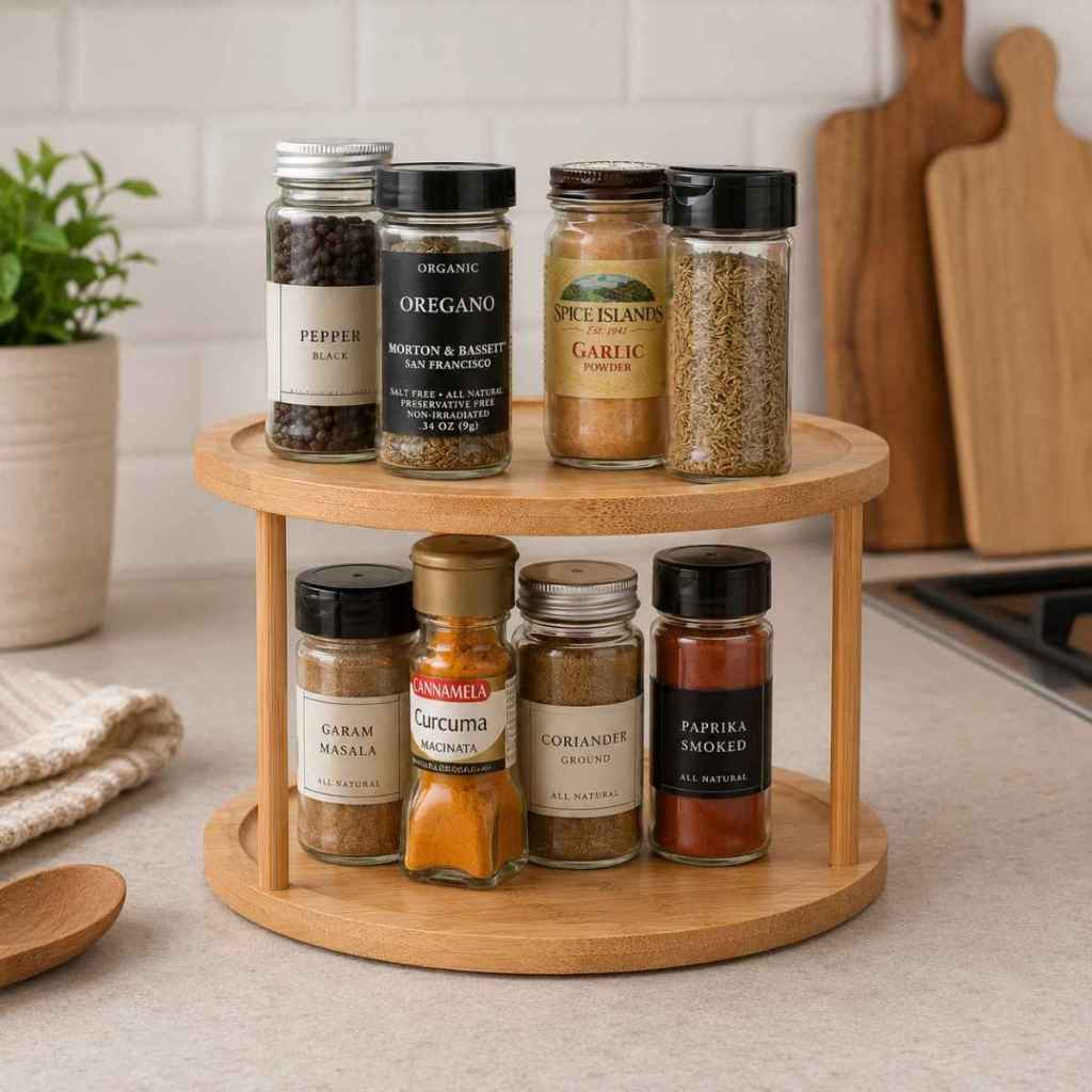 Organizador Giratório 2 Andares Bambu 25,5cm Lyor Duplo Rotativo Porta Temperos Condimentos Cozinha Armário Bancada Banh