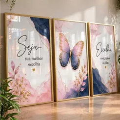 Trio Quadros Decorativos Borboletas Rosa Floral Frases Inspiradoras Quarto Feminino Sala Luxo