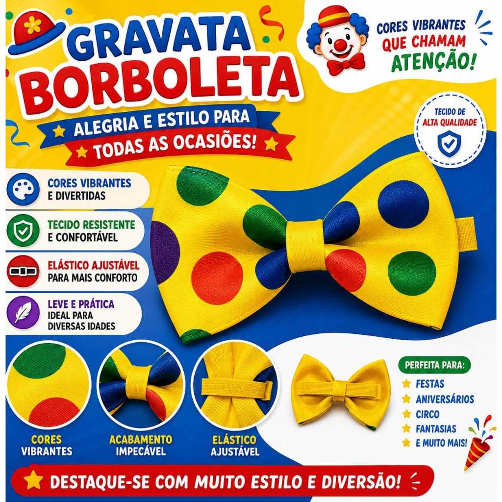 Gravata Borboleta Colorida Palhaço Carnaval Festa Fantasia Ajustável