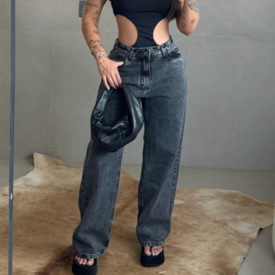 Calça Wide Leg Jeans Feminina Moderna Pronta Entrega Premium