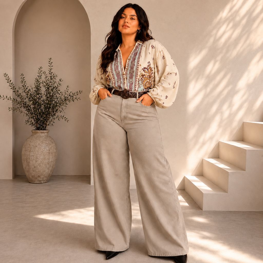 CALÇA WIDE LEG PLUS SIZE CAQUI