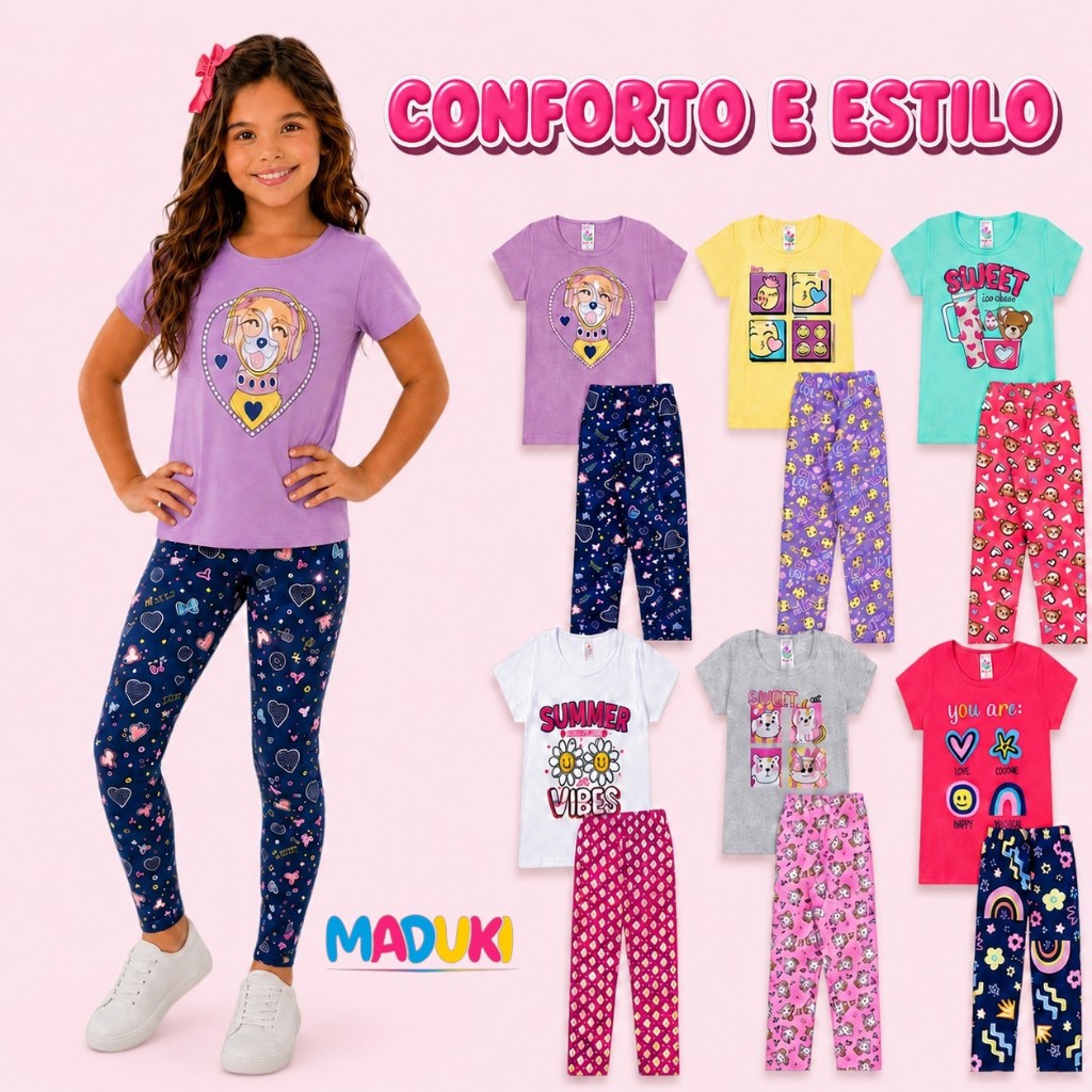 Kit 8 Peças Infantil Juvenil Menina Camiseta e Legging 1 a 16 Moda Infantil Feminina