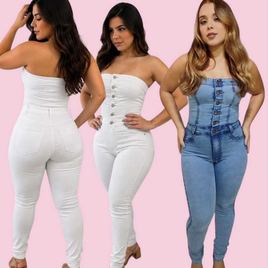 Jardineira Jeans Feminina Com Lycra Macacão Jeans