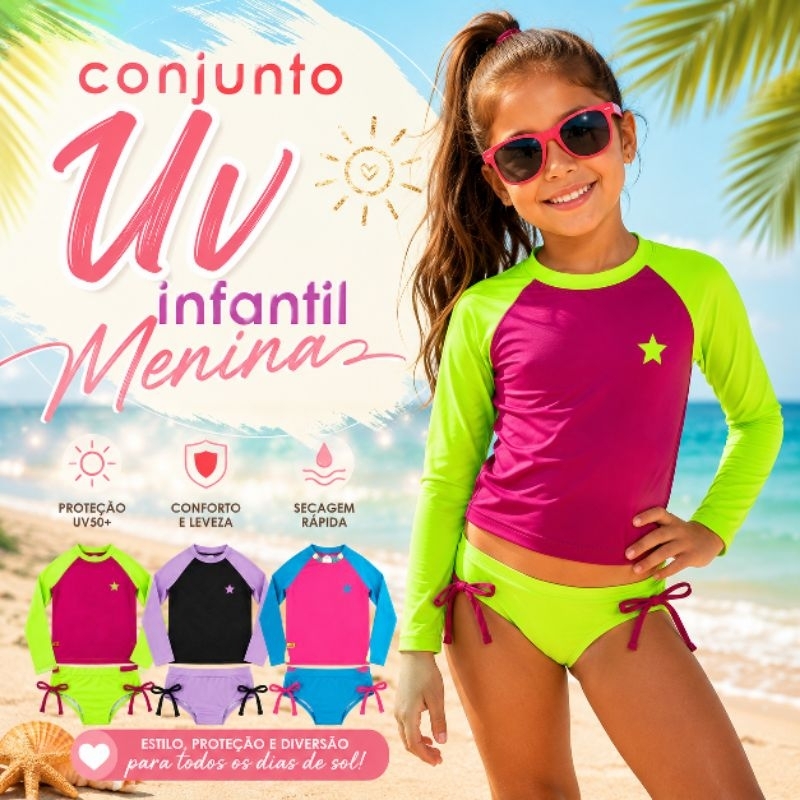 Conjunto UV e Camiseta UV 50+ Infantil Juvenil Menina | Proteção Solar | Moda Praia | Biquíni Infantil