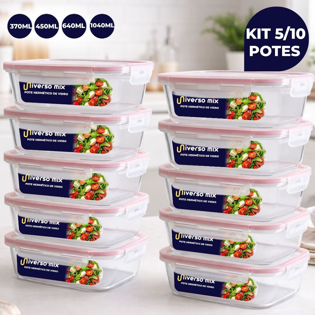 Kit 10 ou 5 Potes Vidro Hermético Retangular 4 Travas Marmita Premium