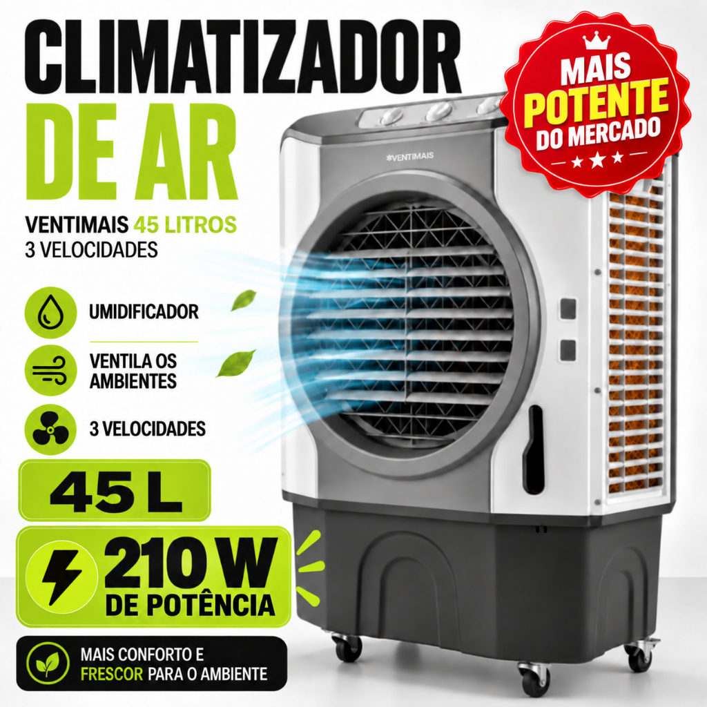 Climatizador Umidificador de Ar 45 Litros Portátil 210W Alta Potencia Ventimais Evaporador 127V 220V