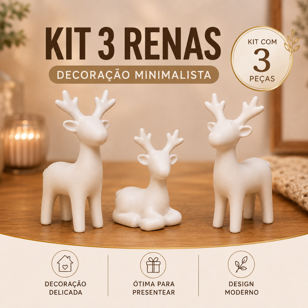 Kit 3 Renas Decorativas de Natal Decoração Natalina Enfeite para Mesa Árvore e Presépio