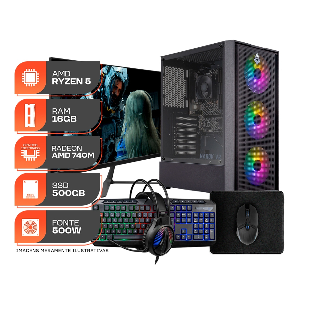 PC Gamer Forge, AMD Ryzen 5 8500G, 16GB DDR5, SSD M.2 500GB, 500W 80 Plus, Completo com Monitor e Periféricos