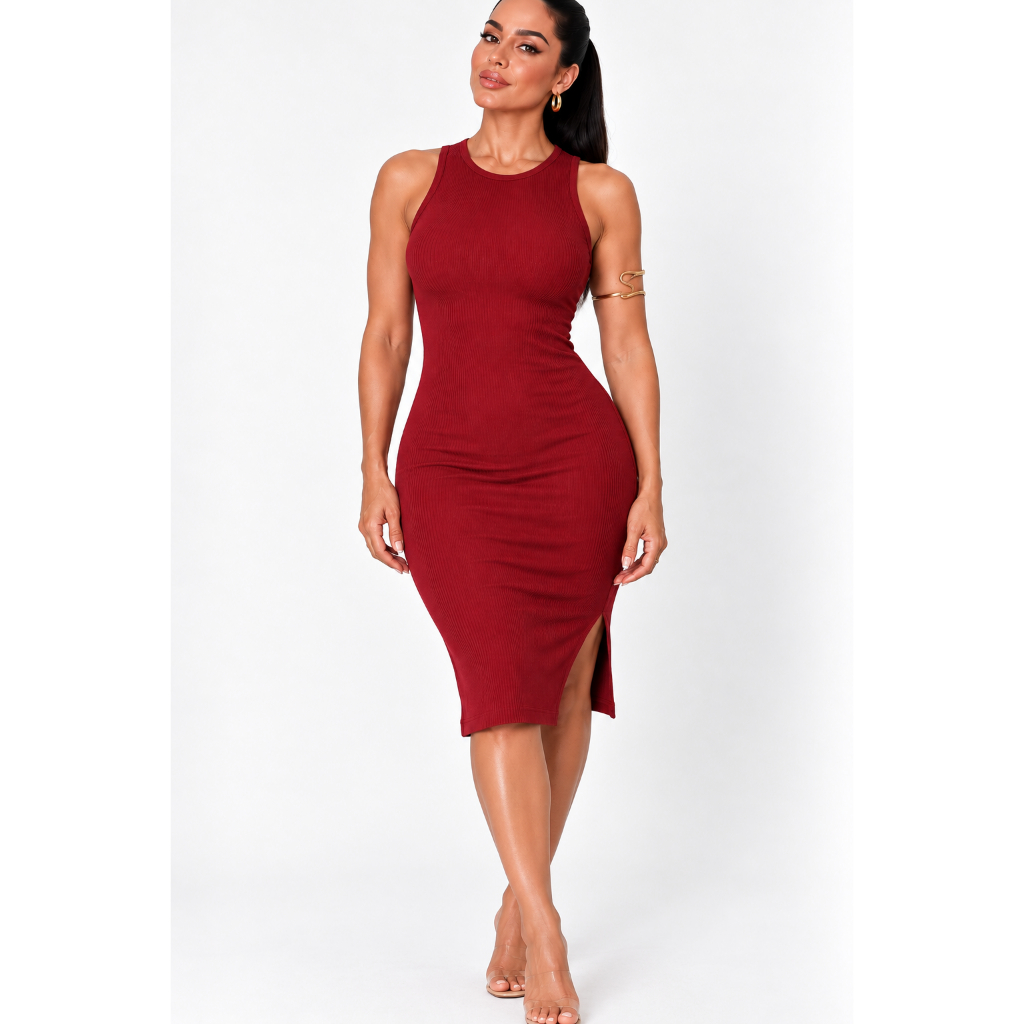 Vestido Regata Midi Canelado Feminino Com Fenda Lateral do M ao GG Preto Marrom Vermelho — imagem 2 de 2