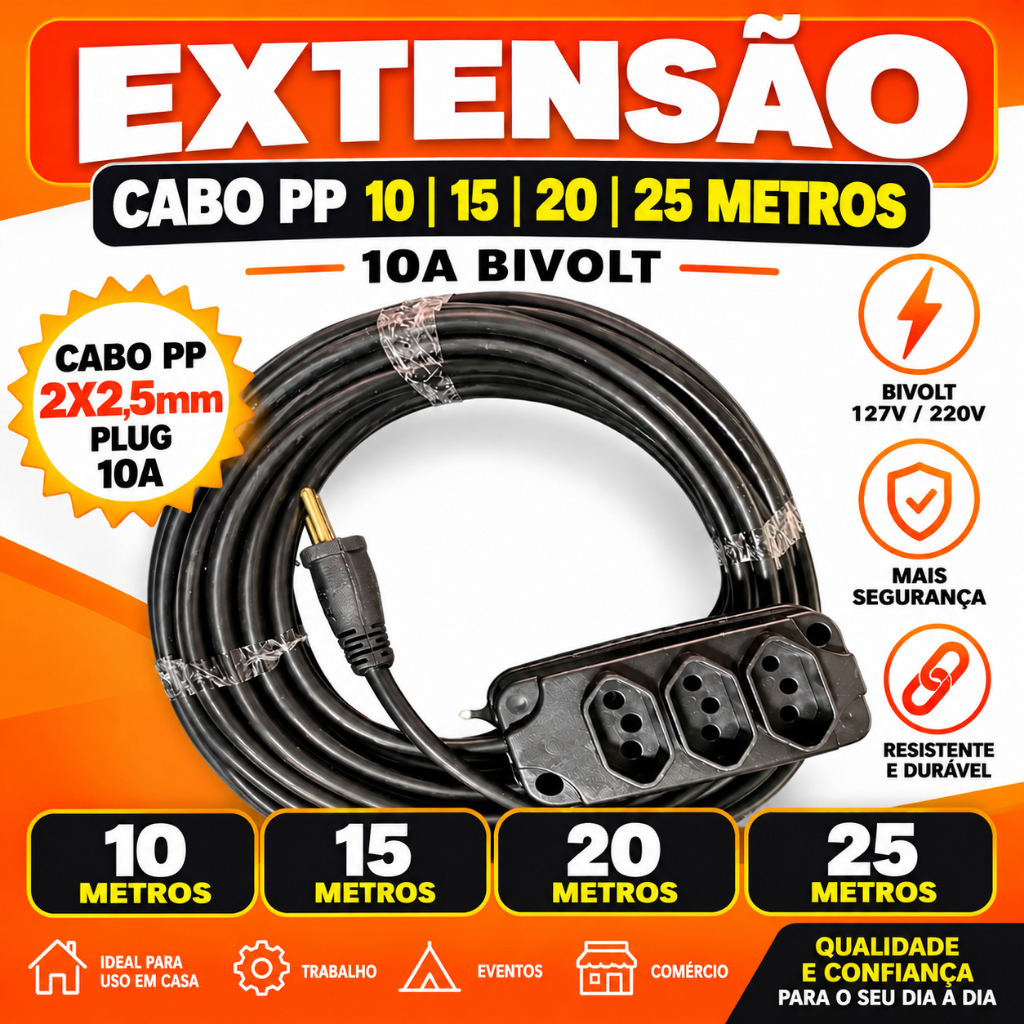 Extensão Elétrica 10 15 20 e 25 Metros Com Cabo PP 2x2,5mm Plug 10a Bivolt