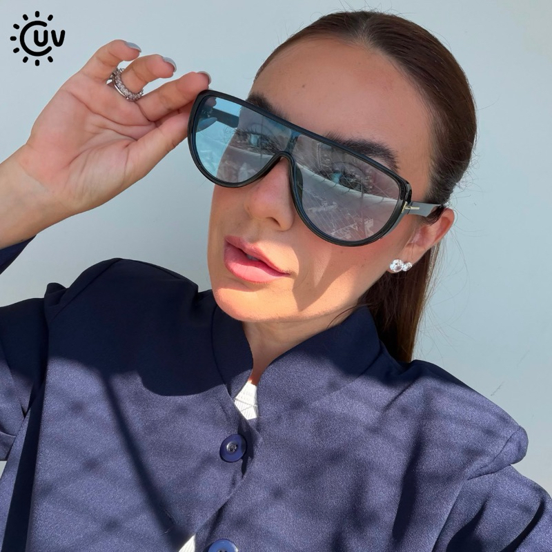Óculos de Sol Feminino Luxo UV400 Estilo Máscara Lente Azul Grande Fashion Moda Blogueira